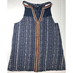 Lucky Brand Navy Blue Sleeveless Embroidered Aztec Striped Tank Top Women's XS